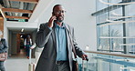 Phone call, suitcase and travel with business man at conference for B2b manager, seminar speaker and contact. Convention center, walking and networking with person in lobby for event and expo
