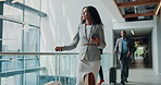 Phone, suitcase and reading with business woman at conference for B2b manager, seminar schedule and contact. Convention center, walking and networking with person in lobby for event and expo