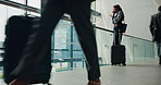 Business woman, discussion and phone call at airport for travel, career opportunity or negotiation. Female person, employee or traveler talking on mobile smartphone for new job, destination or chat
