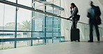 Phone call, suitcase and motion blur with business woman at conference for B2b manager, seminar speaker and contact. Convention center, travel and networking with person in lobby for event and expo