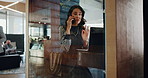 Phone call, laptop and business woman at airport lounge for communication, negotiation and flight delay. Discussion, schedule conflict and deadline update with employee talking for networking