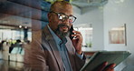 Phone call, office and business man on tablet for discussion, contact and finance consulting. Corporate, professional and worker on smartphone for communication, financial planning and proposal deal
