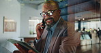 Phone call, glass and business man on tablet for discussion, contact and finance consulting. Corporate manager, office and worker on smartphone for communication, financial planning and proposal deal