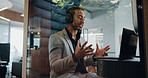 Video call, laptop and business man at airport lounge for sound proof booth, online meeting and webinar. Discussion, virtual conference and growth with employee and headphones for chat and speaker 