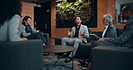 Business, people and meeting at hotel lobby for discussion, planning and briefing for convention. Employees, talking and feedback of conference, corporate travel and chat for b2b negotiation in foyer