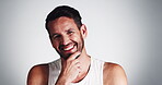 Studio, grooming and man with beard, face and smile for fresh shave, routine and facial treatment. White background, touch and person with happiness for haircare, mockup or guy with self care morning