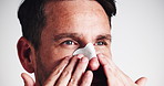 Beauty, man and nose strip for skincare, blackhead removal or dermatology on white studio background. Apply cosmetics, person or nasal patch for face, aesthetic or clean pores for exfoliation closeup