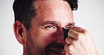 Peeling, man and nose strip for skincare, blackhead removal or results closeup on white studio background. Cosmetics, person and nasal patch for face, beauty or happy with clean pores for exfoliation