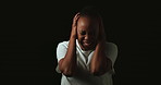 Mental health, scared and black woman by studio background with depression, bipolar or anxiety. Space, trauma and African female person with schizophrenia for brain fog, thinking or hallucinations.