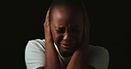 Mental health, trauma and black woman by studio background with depression, bipolar or anxiety. Space, scared and African female person with schizophrenia for brain fog, thinking or hallucinations.
