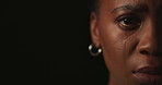 Face, half and black woman in studio, tears and mental health on dark background. African person, portrait and closeup with depression, stress or sad with anxiety, crisis or abuse with pain or crying