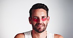 Eye mask, face and skincare with man in studio for antiaging, dermatology or moisturizing routine. Beauty, cosmetics and hydration with happy person on gray background for aesthetic or wellness