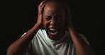 Shout, mental health and woman in studio scream for anger, emotional pain and frustrated reaction. Psychology, facial expression and person with anxiety, depression and stress on black background