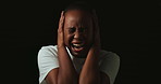 Mental health, screaming and black woman by studio background with depression, bipolar or anxiety. Space, trauma and African female person with schizophrenia for brain fog, thinking or hallucinations