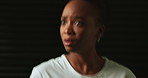 Confused, mental health and woman in studio scared for trauma, emotional abuse and bipolar disorder. Psychology, facial expression and person with anxiety, depression and stress on black background
