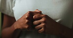 Stress, worry and hands of black woman on dark background with fear, nervous and confused expression. Scared, anxiety and isolated female person with phobia, emotions and crisis reaction in studio