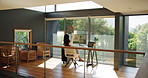 Stretching, computer and screen with woman at house for data analysis, financial report and global economy. Person, relax and online for information, finance stats and infographics for world growth