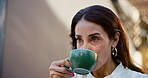 Break, coffee and thinking with mature woman outdoor for relaxing or satisfaction in morning. Cup, smile and vision with happy person drinking caffeine beverage in backyard or garden of apartment