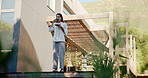 Morning, coffee and woman on patio in home for relaxing, calm and reflection in backyard. Thinking, thoughtful and person with drink, warm beverage and caffeine outdoor for peace, wellness and rest