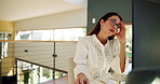 Woman, headache and computer with remote work from home, glasses and typing for freelance writing project. Person, editor and migraine with pain, burnout and eye strain with fatigue at apartment