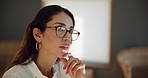 Woman, thinking and remote work from home with decision, review and problem solving for freelance project. Person, writer and editor with insight, perspective and solution with doubt at apartment