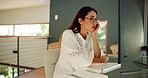 Woman, bored and tired with remote work from home, glasses and typing for freelance writing project. Person, editor and deadline with fatigue, burnout and exhausted by pc for career at apartment