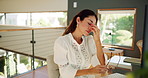 Woman, headache and stress with remote work from home, glasses and typing for freelance writing project. Person, editor and migraine with pain, burnout and eye strain with fatigue at apartment
