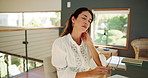 Woman, neck pain and stress with remote work from home, computer and typing for freelance writing project. Person, editor and injury with burnout, exhausted or muscle strain with fatigue at apartment