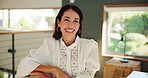 Face, happy and remote with business woman in home office for management of startup company. Development, hybrid work and smile with mature employee in apartment for ambition or freelance career