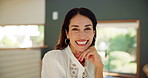 Face, remote and smile of woman employee in home office for management of startup company. Development, happy and hybrid work with mature business person in apartment for ambition or freelance career