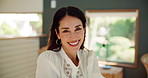 Face, remote and smile of business woman in home office for management of startup company. Development, glasses and hybrid work with happy mature employee in apartment for freelance career or vision
