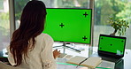 Remote work from home, green screen and woman with laptop, tracking markers and research for article. Person, employee and journalist with pc, mockup space and copywriting with email for news report