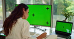 Remote work from home, green screen and woman with pc, tracking markers and copywriting. Person, writing and journalist with computer, mockup space and research for article and feedback with email