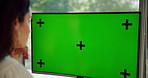 Remote work from home, green screen and woman with computer, tracking markers and copywriting. Person, employee and journalist with pc, mockup space and research for article and feedback with email