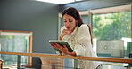 Home, woman and thinking with tablet for remote work, research and planning for finance report. Below, mature person and investment analyst with tech for financial information, ideas and freelancer