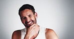 Studio, self care and man with beard, face and smile for fresh shave, routine and facial treatment. White background, grooming and person with happiness for haircare, mockup space and guy in morning