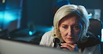 Computer, night and woman in office thinking for coding, programming, software and cybersecurity. Online, working late and mature person on pc for website development, user interface and AI system