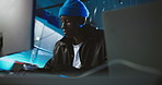 Computer, night and man in office for coding, programming, software update and cybersecurity. Professional, working late and person on pc for website development, user interface and online AI system
