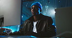 Business, computer and black man with coding, cyber security or thinking with software update. African person, programmer or employee in office, pc or research for hacker, analytics  or IT technician