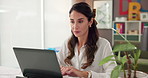 Laptop, teacher and woman typing in office for learning course, class schedule or check curriculum. Computer, educator and person online for writing, grading review or reading paper in kindergarten