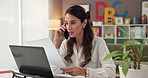 Woman, reading and document with phone call in office for discussion, prepare lesson and teaching schedule. Teacher, laptop and communication with contact, education paperwork and feedback for report