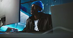Computer, night and black man coding in office for programming, software update and cybersecurity. Professional, working late and person on pc for website development, user interface and AI system