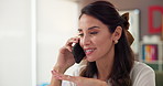 Smile, woman and talk with phone call in office for discussion, prepare lesson and teaching schedule. Teacher, laptop and communication with contact, student update and feedback for education report