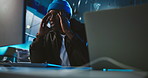 Stress, hacker and black man with mistake, computer and risk for crisis, online detection and failure. Headache, programmer and worried person with anxiety for ransomware, error and spying in office