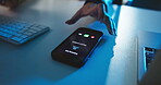 Phone screen, hands and business woman with incoming call in office with private number, phishing scam and spam. Night, person or smartphone with unknown contact for cyber security, scammer and alert