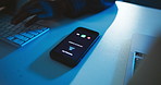 Hands, typing and incoming call with phone screen in office with unknown number, phishing scam and ignore spam. Computer, person and smartphone with private contact for mobile fraud and night scammer