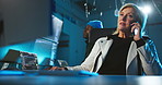 Night, woman and phone call at computer for cyber crime, negotiation or contact for scam. Mature hacker, team and underground with tech for data phishing, ransomware development or corruption in dark