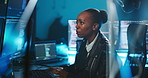 Black woman, computer and typing for cybersecurity at office, code or problem solving with software at night. Person, developer and pc screen for information technology, programming and protection