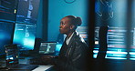African woman, computer screen and typing for cybersecurity at night, code and review on website at office. Person, developer and monitor with information technology, programming and protection