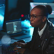 Business, computer and black woman in workplace, cyber security and ...